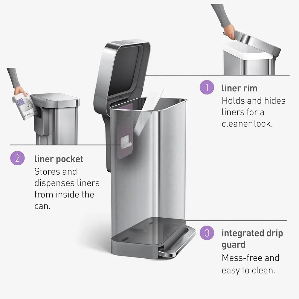 Hands-Free Kitchen Trash Can 45L Rectangular Soft-Close Lid Brushed Stainless Steel Step Pedal Silent Close Liner Pocket Durable 4