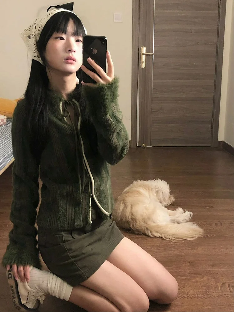 레트로 홍콩 스타일 여성 긴 소매 스웨터 벨트 캐주얼 오픈 카디건 봄 느슨한 슬리밍 겉옷 디자인 감각