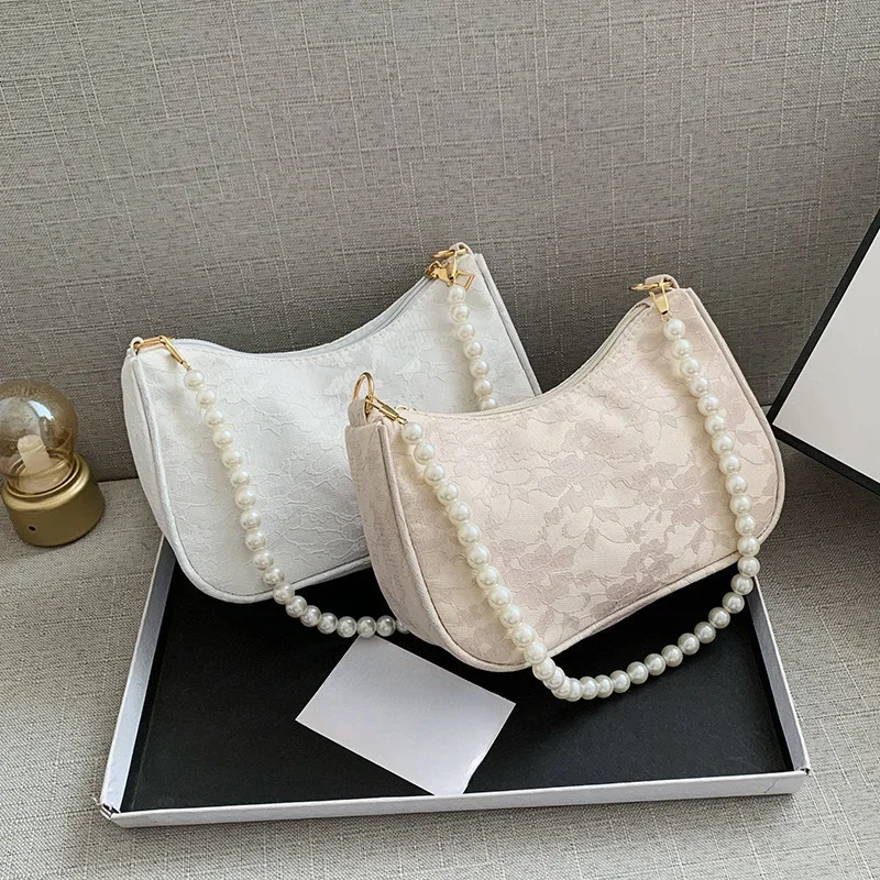 

Shoulder Bags Vintage Women Bag Lace Flower Solid Color Pearl Chain Shoulder Underarm Handbag Female Storage Travel Bag