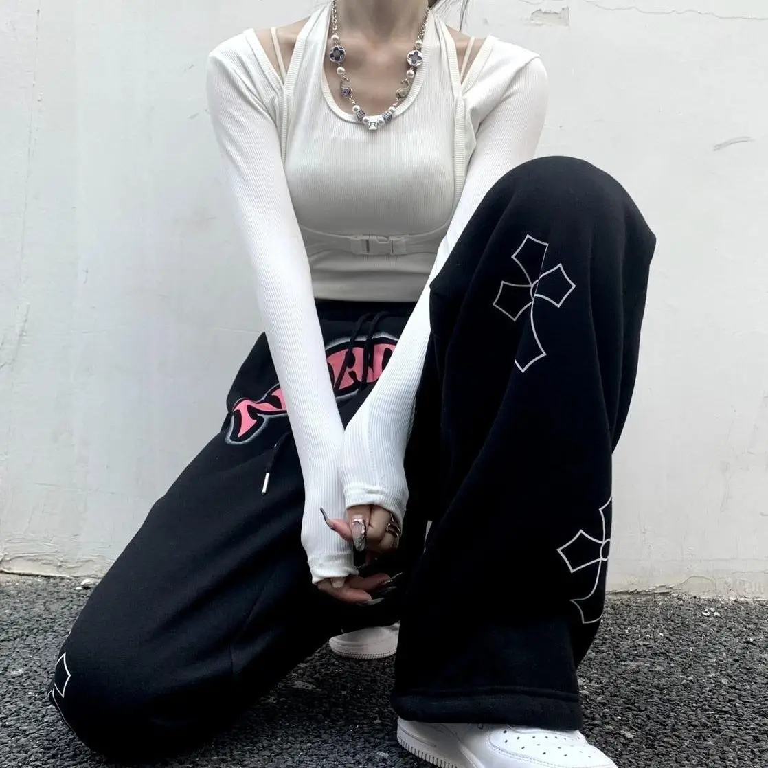 Streetwear Fashion Women Sweatpants Spring Summer Hip Hop Vintage Cross Printing Elastic Waist Jogging Sports Casual Trousers