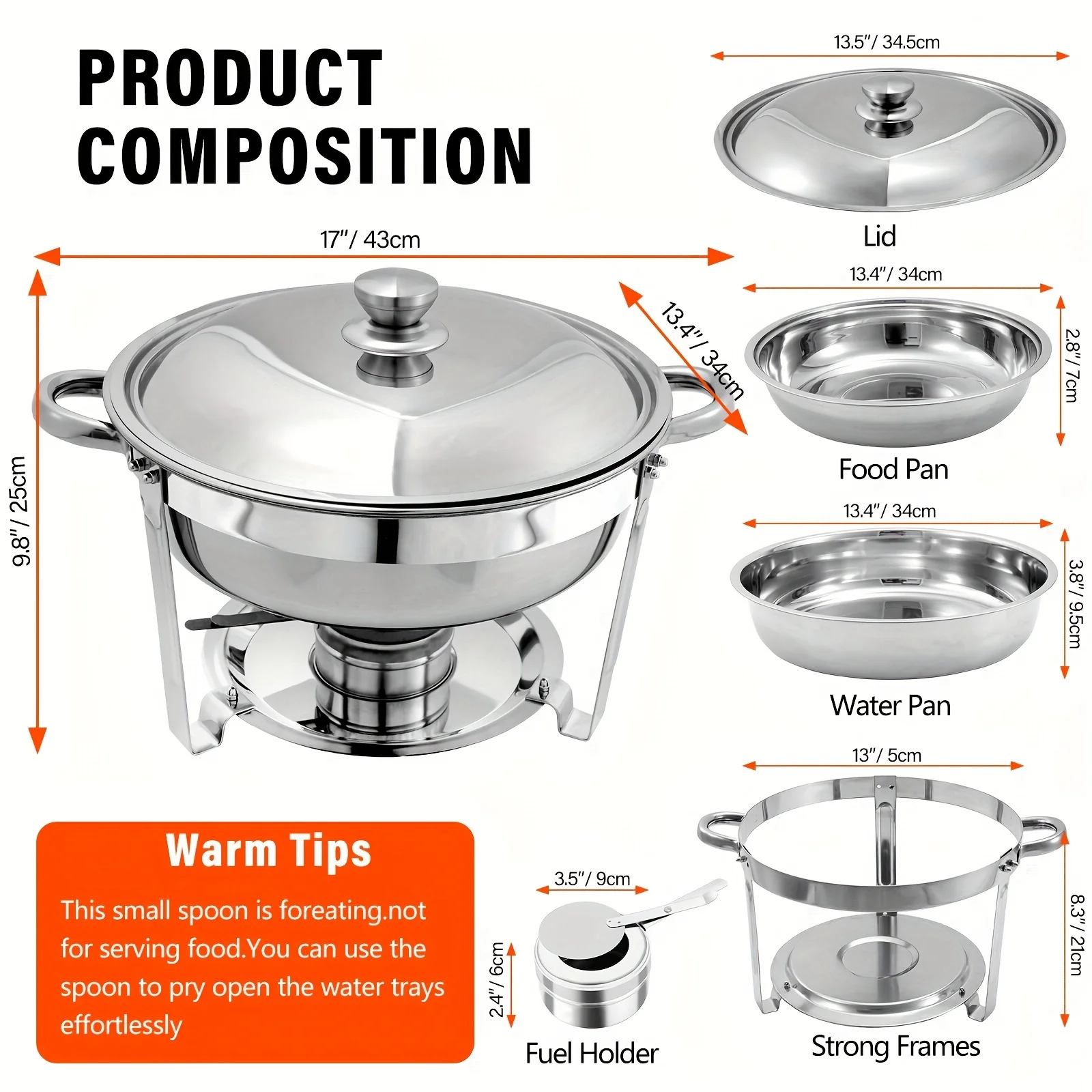 1 Packs Round 5QT Chafing Dish et Set, Food Pans, Water Pan and Fuel Holders for Restaurant Catering Parties Weddings