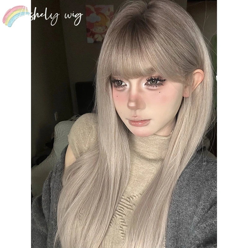 Ashely Emo Wig with Bangs 24inch Long Straight Hair Wig High Temperature Fibers Ombre Brown Fashion Headband Synthetic Wigs