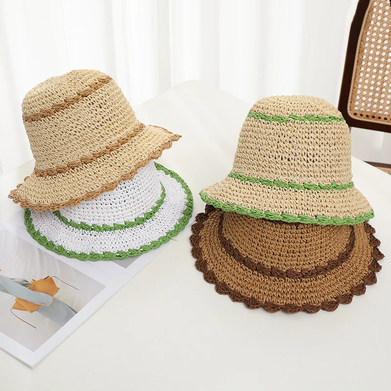 

Women Beach Panama Straw Dome Weave Bucket Hat Handmade Woven Summer Hat Fashion Beach Sun Protection Cap Chapeau