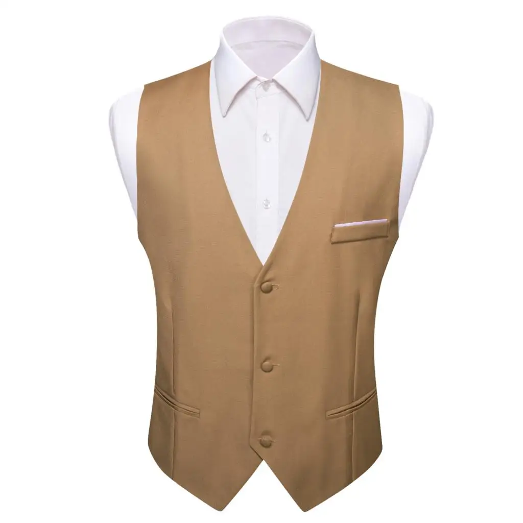 

Vest for Men Silk Solid Brown Coffee Khaki Male Waistcoat Sleeveless Jacket Casual Coat Formal Wedding Business Barry Wang