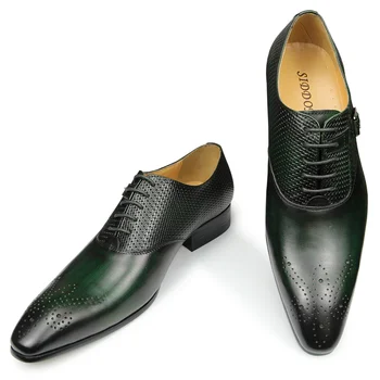 Luxury Mens Business Genuine Leather Shoes Fashion Wedding Oxfords Lace-up Pointed Toe Black Green Coffee Brogues Dress Shoes 2