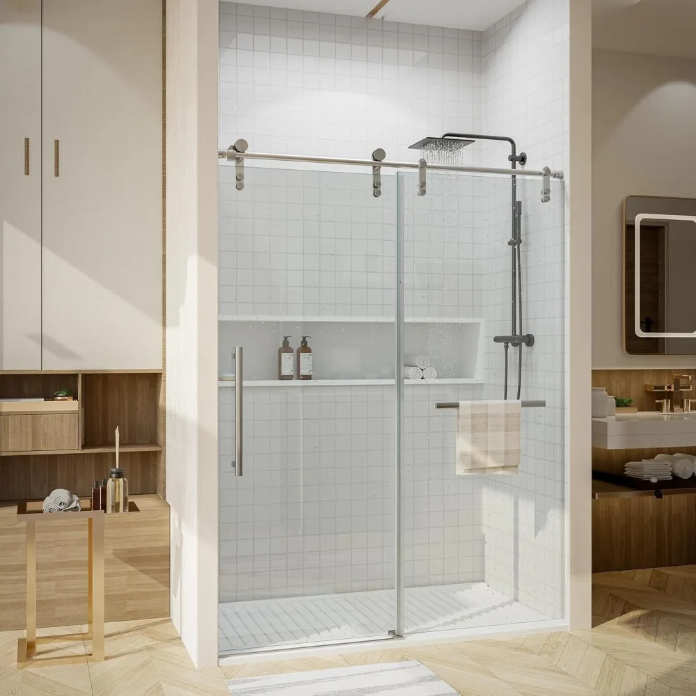 Shower Door 56-60" W &times; 76" H Glass Shower Door,Frameless Door with Handle and Seal Strip for Waterproof,Sliding