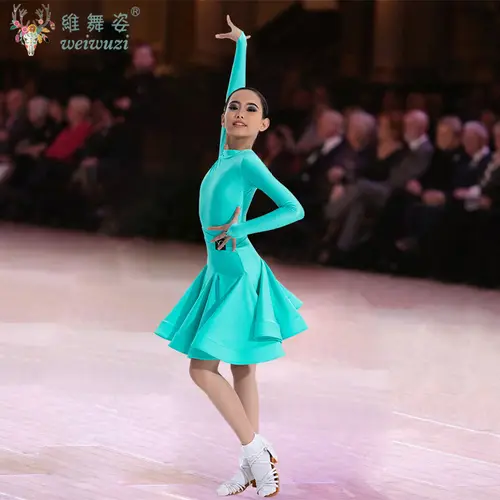 Girls Latin Dance Competition Clothing Glossy Fabric Long Sleeves Dance Dress Kids Cha Rumba Dance Practice Training Wear - Image 3
