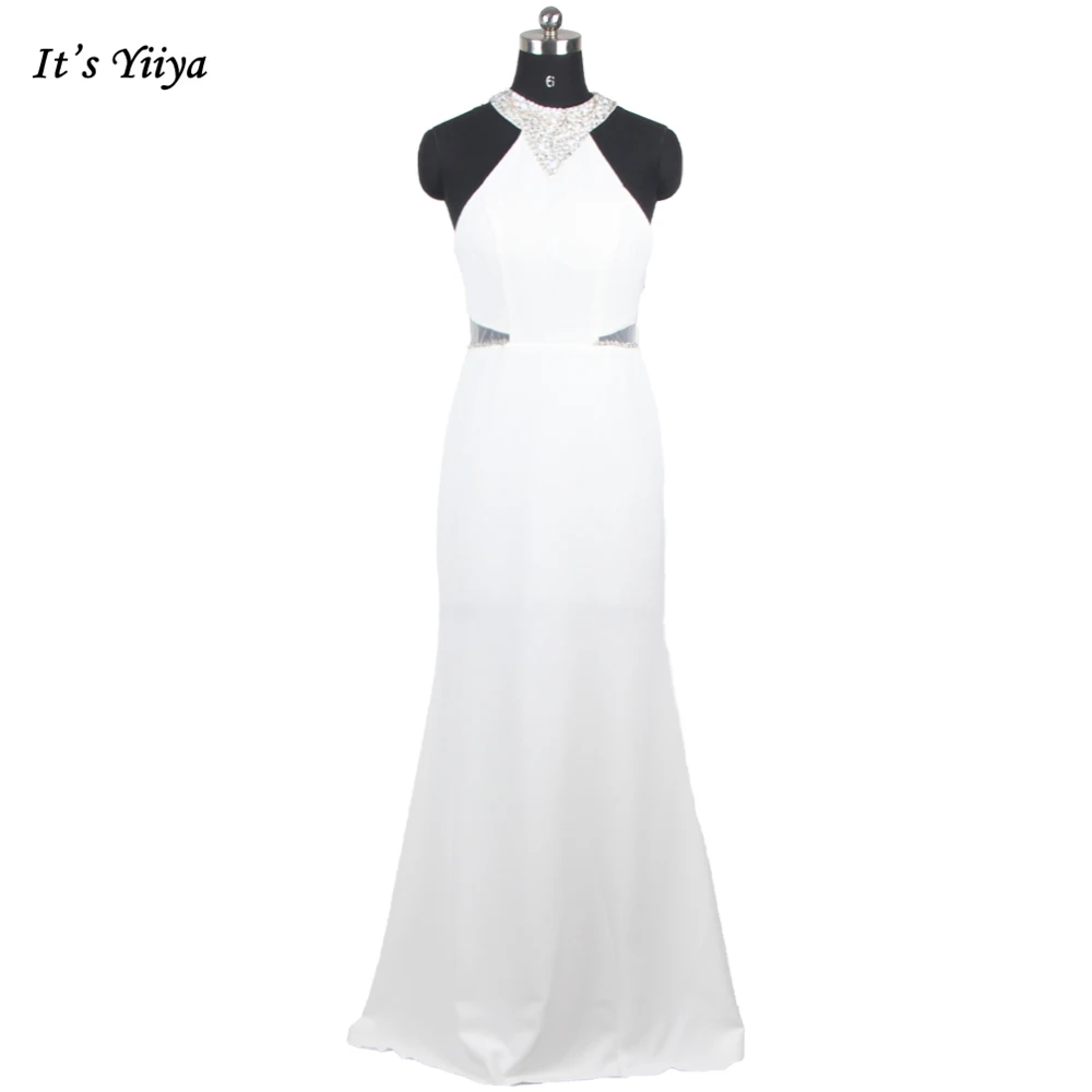 

Clearance White Evening Dresses Beading Cystal Halter Collar Sleeveless Mermaid Trumpet Floor Length Plus size Party Dress C200