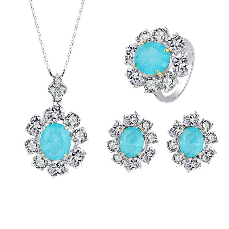 

New Fashion Trend S925 Silver Inlaid 5A Zircon Ladies Personality Jewelry Set Paraiba Ring Stud Earrings Pendant
