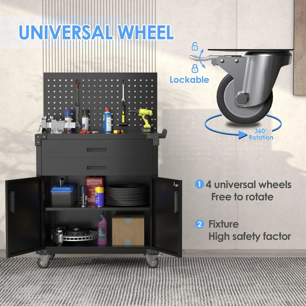 H Workbench Mobile Tool Cart,Garage Workbench with 4 Wheels,Metal Storage Cabinet with 2 Drawers&2 Doors and 1 Adjustable 4