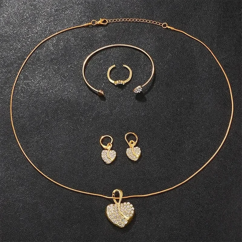 Womens Quartz Watch Gold Luxury Women Ring Necklace Earring Rhinestone Fashion Wristwatch Casual Ladies Watches Jewelry Set