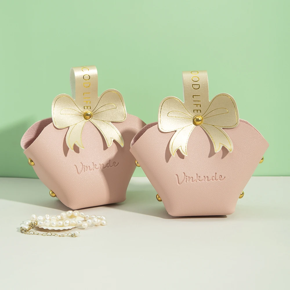 Jewelry Handbag Wedding Favors PU Leather Gift Bag for Guests Portable Candy Packaging Mini Box With Bowknot Basket Party Supply