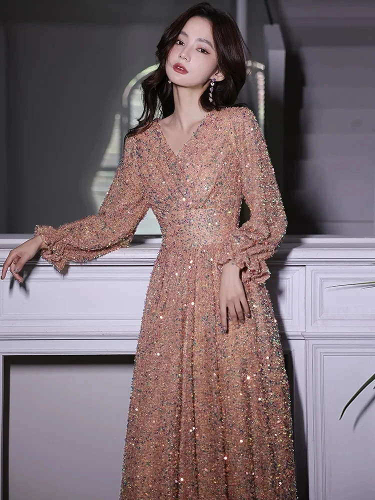 Customized Long Sleeve Evening Dresses Elegant V-Neck A-Line Sparkly Sequin  Women Formal Gowns For Engagement Part Dress - AliExpress 320