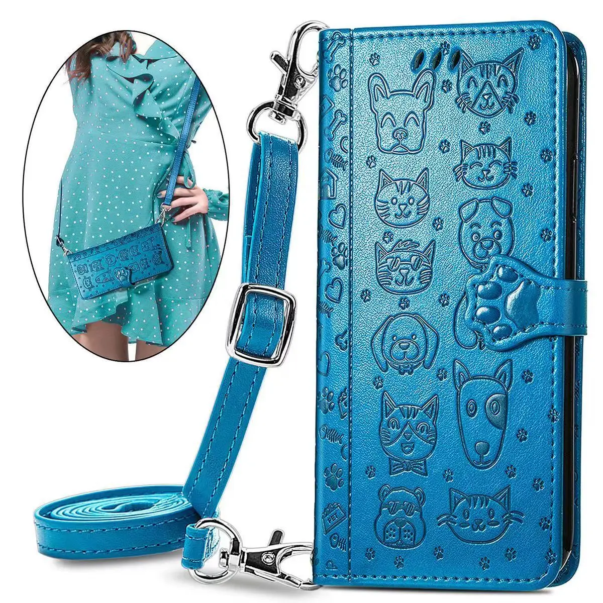 Cute Cat Dog Leather Crossbody Wallet Flip Case with 3 Card Slots
