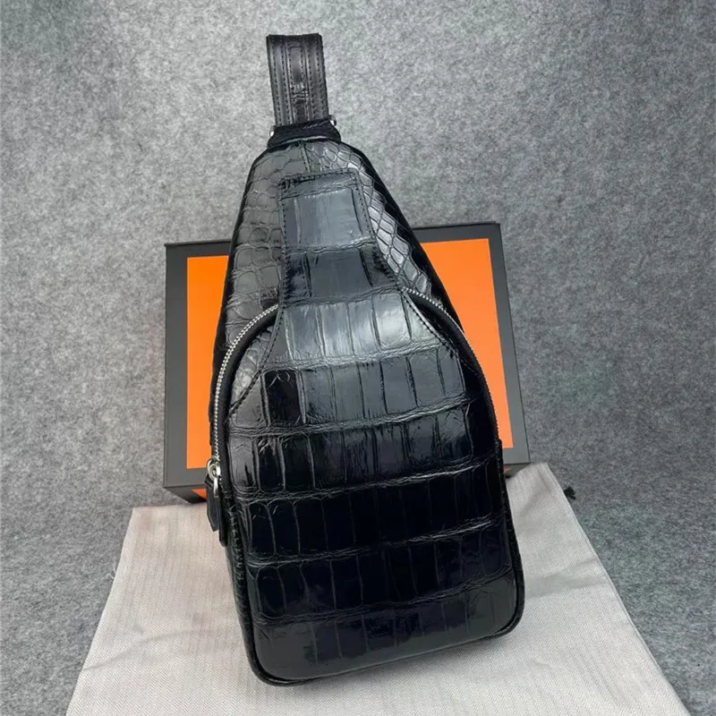 

Authentic Real True Crocodile Skin All-match Men's Black Chest Bag Genuine Exotic Alligator Leather Male Cross Shoulder Bag