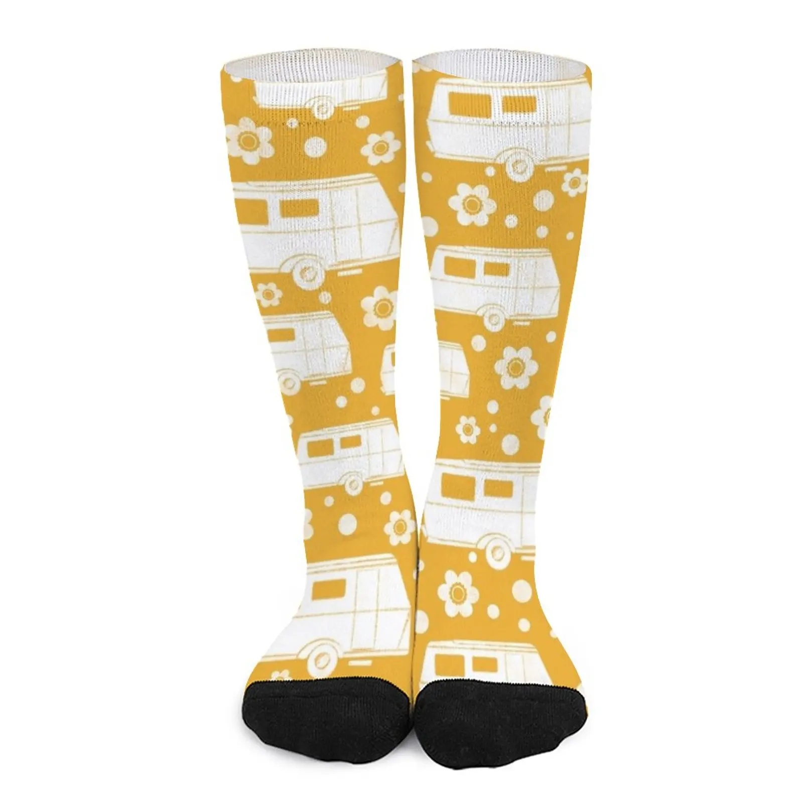 Vintage Caravan block print in mustard yellow and white Socks Heating sock funny gift Men's soccer sock