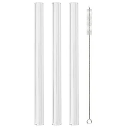 Set of 3 Reusable High Borosilicate Glass Drinking Straws with Cleaning Brush for Smoothies and Bubble Tea (Straight)