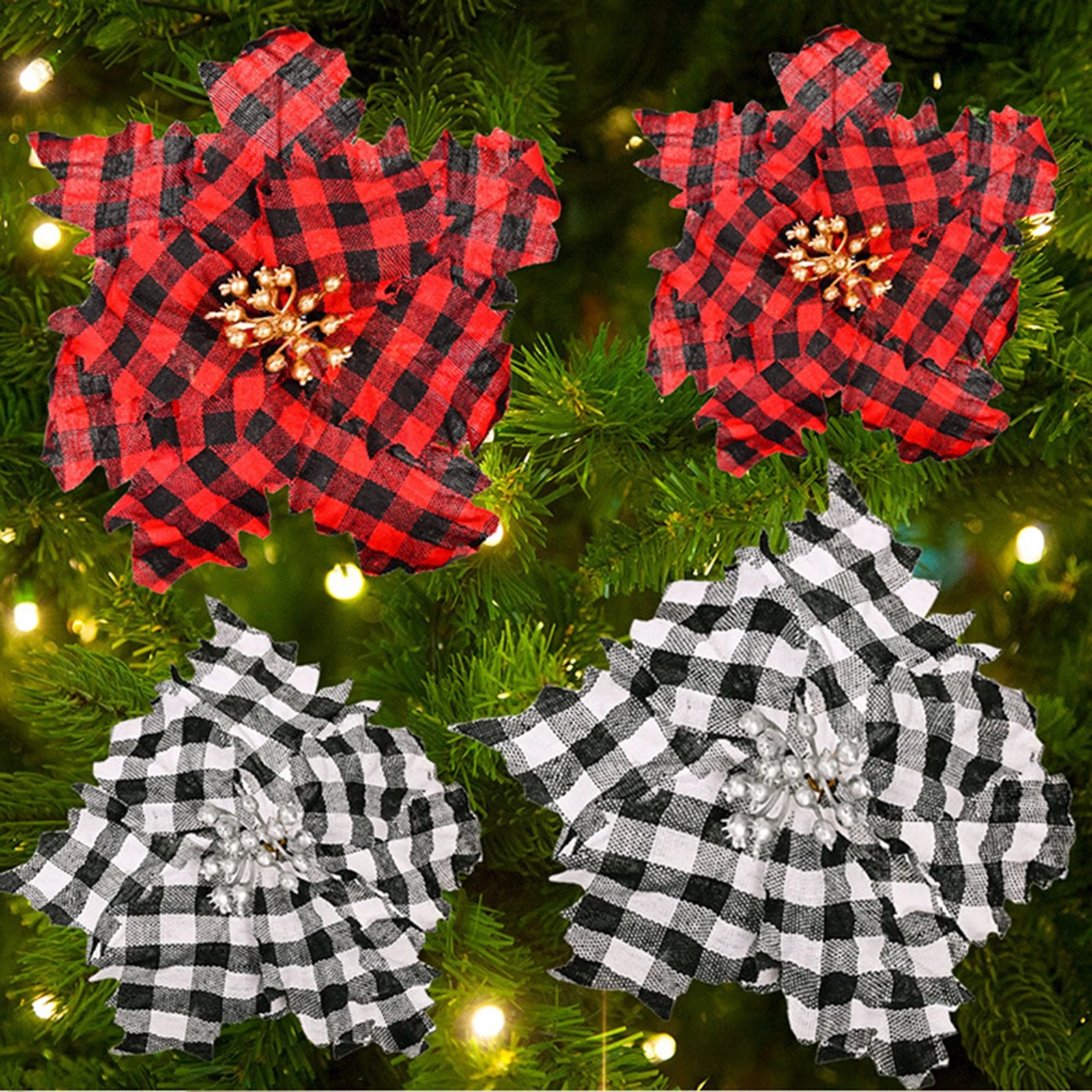 

Simulation Christmas Flower Red Black White Lattice Poinsettia Artificial Flowers Xmas Tree Decorative Ornaments Festival Decor