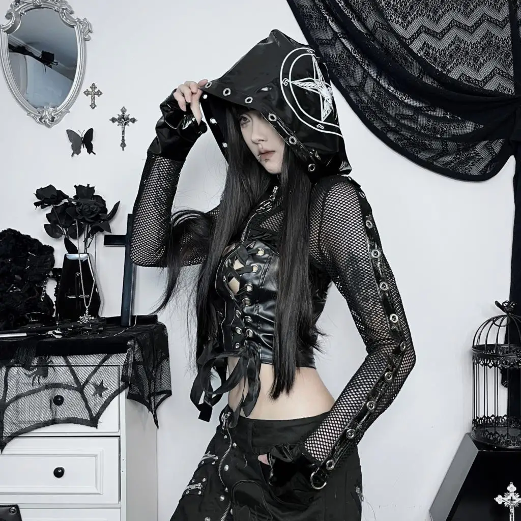New Dark Gothic Style Personality Trend Slim Leather Printed Mesh Hooded Women's Sweatshirt