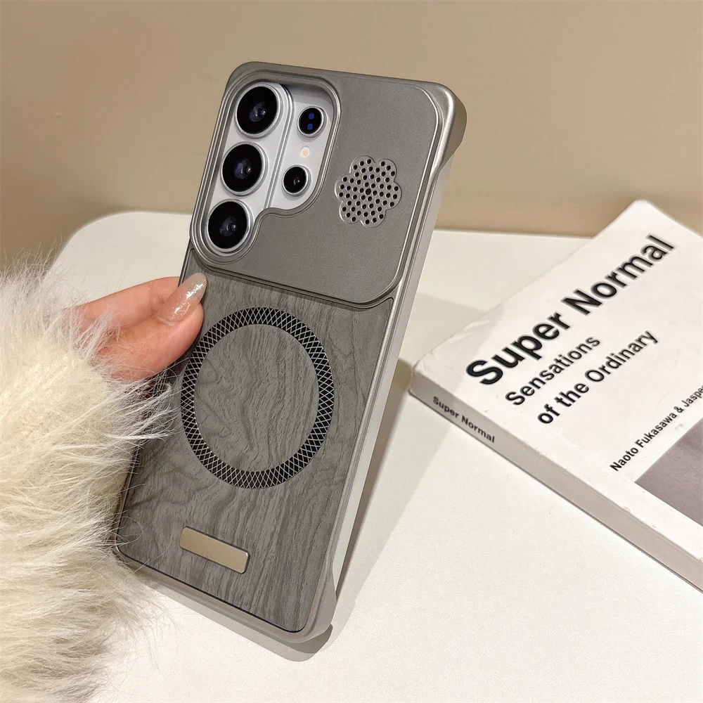 Wood Grain Leather Frameless Magnetic Phone Case with Plating Cover