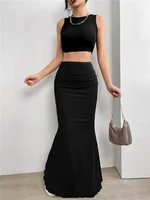 Solid Bodycon Ruched Long Skirt Women Sexy Black Elastic Elegant High Waist Mermaid Maxi Skirts Summer Streetwear - Image 3