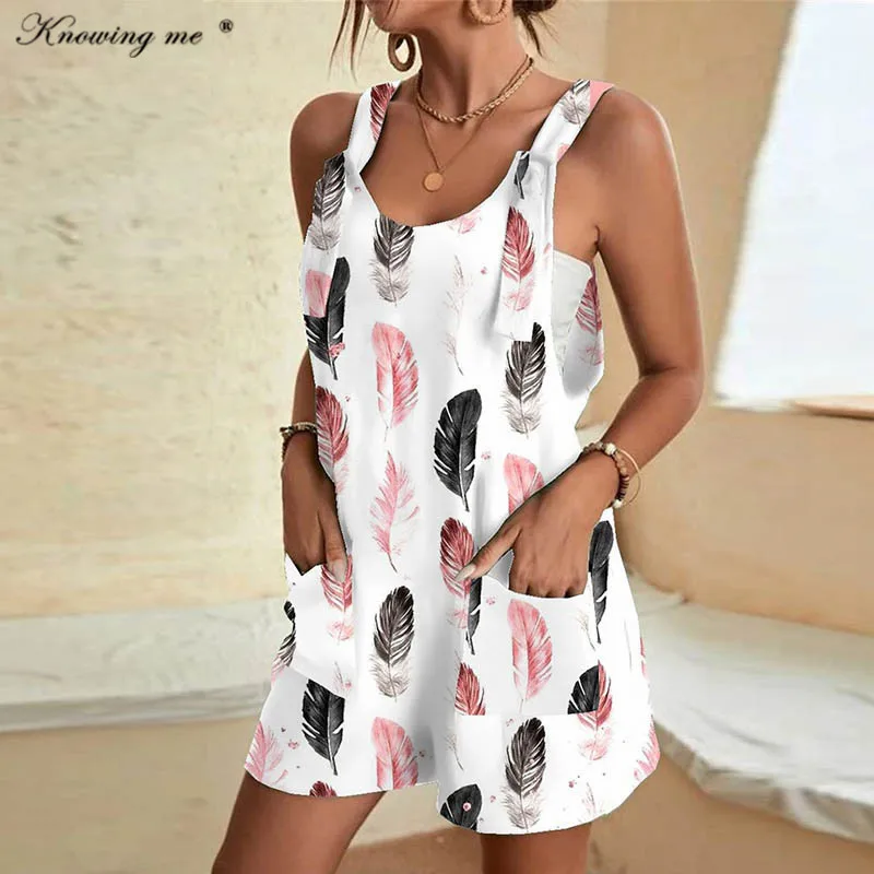 

Женский Короткий комбинезон с карманами, повседневный пляжный комбинезон без рукавов с принтом в виде перьев, лето