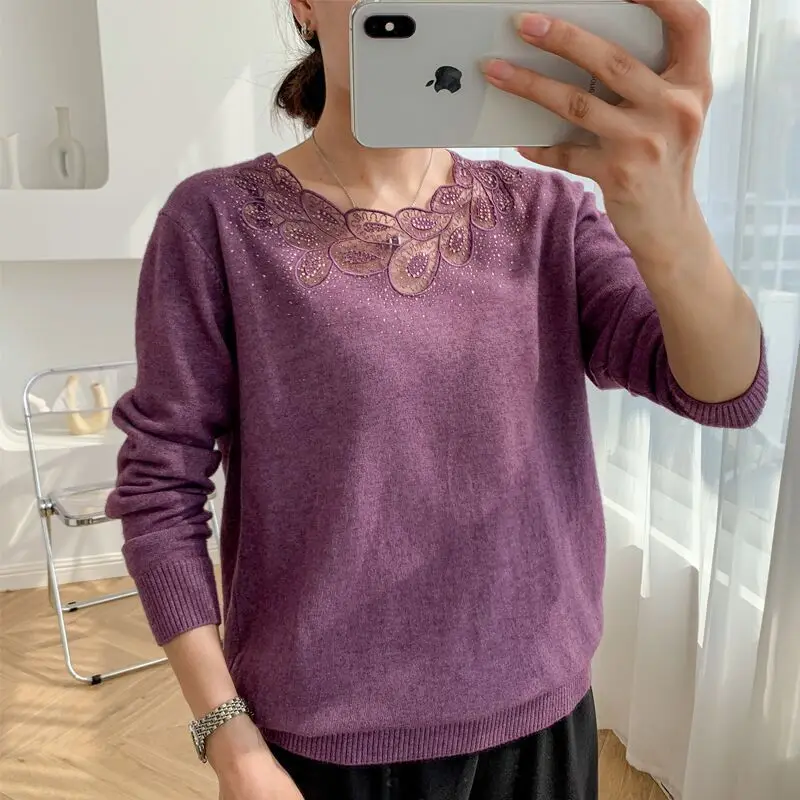 

Women's Solid Pullover Gauze Hollow Out Round Neck Rhinestone Knit 2023 Autumn and Winter Long Sleeve Loose Fashion Sweater Tops