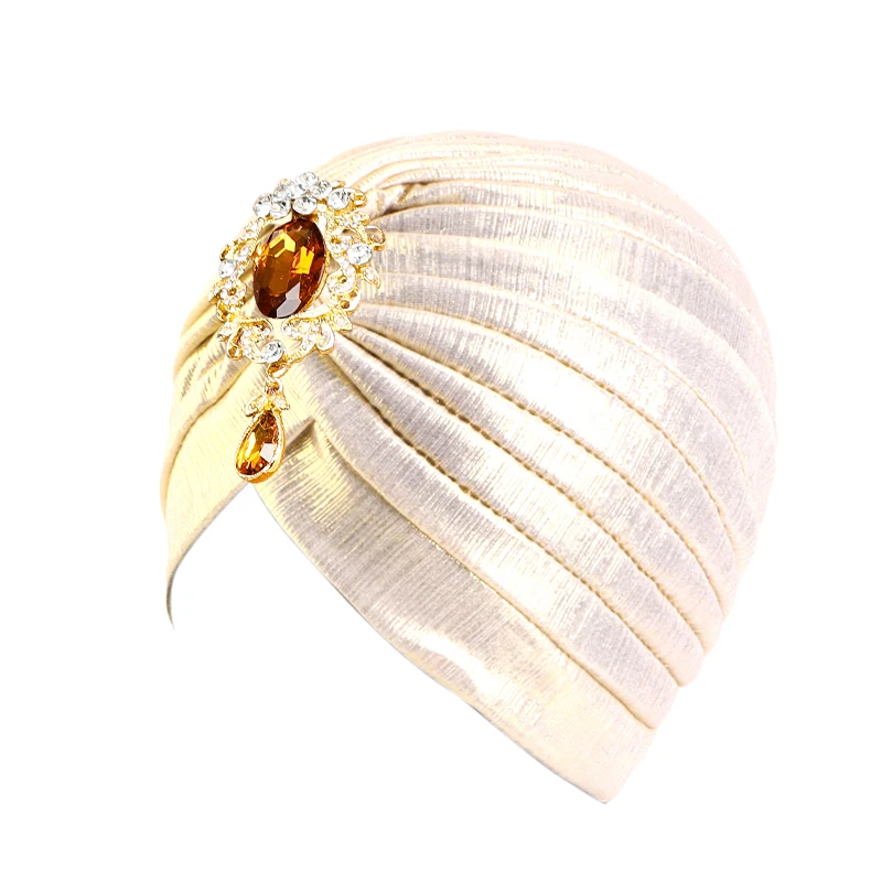 Neue Strass Metallic Turban Kappe für Frauen Plissee Elastische Kopf Wrap Stilvolle Ramadan Kopf Schal Motorhaube Chemo Kappe Hochzeit Hut – Detail 10