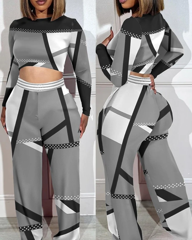 Tow Piece Set for Women 2023 Autumn Fashion Long Sleeve Round Neck Geometric Print Colorblock Crop Top & Wide Leg Pants Set