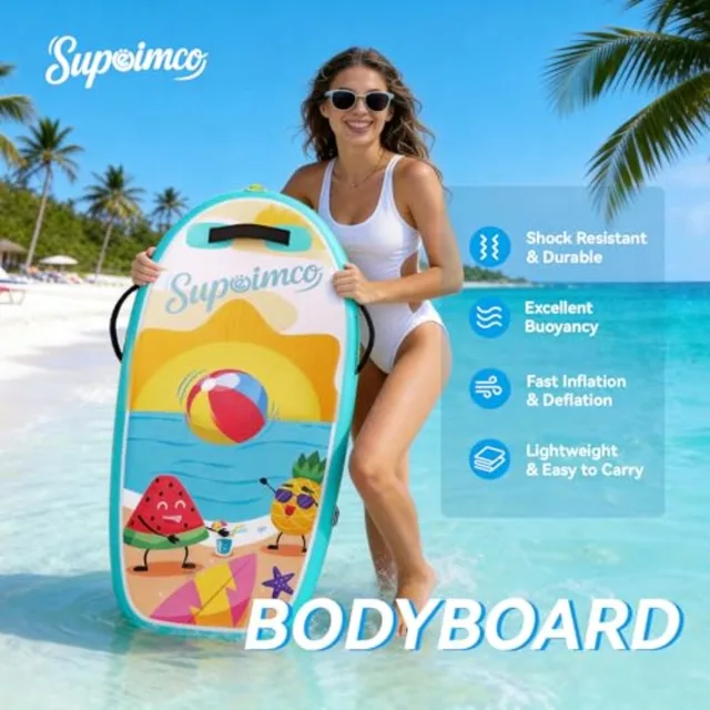 Inflatable Boogie Board for beach pool use, PVC core material, blue color, lightweight and foldable with wrist straps