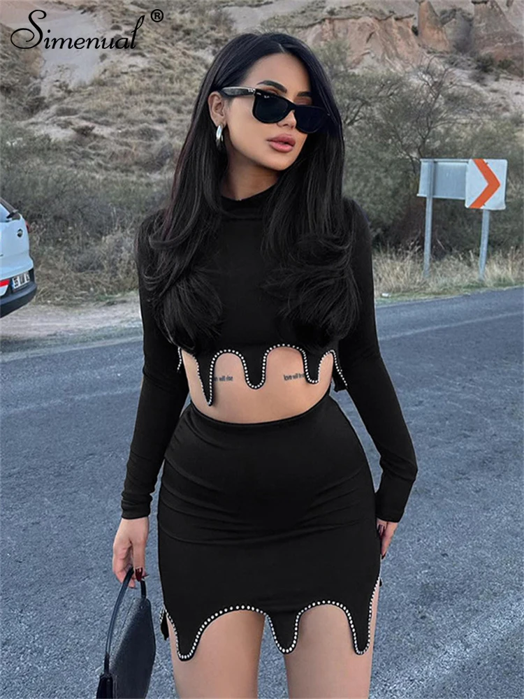 

Simenual Punk Style Two Piece Set Chic Rhinestone High Neck Crop Tops Sexy Irregular Hem Mini Skirts Y2K Outfit Trim Co Ord Suit