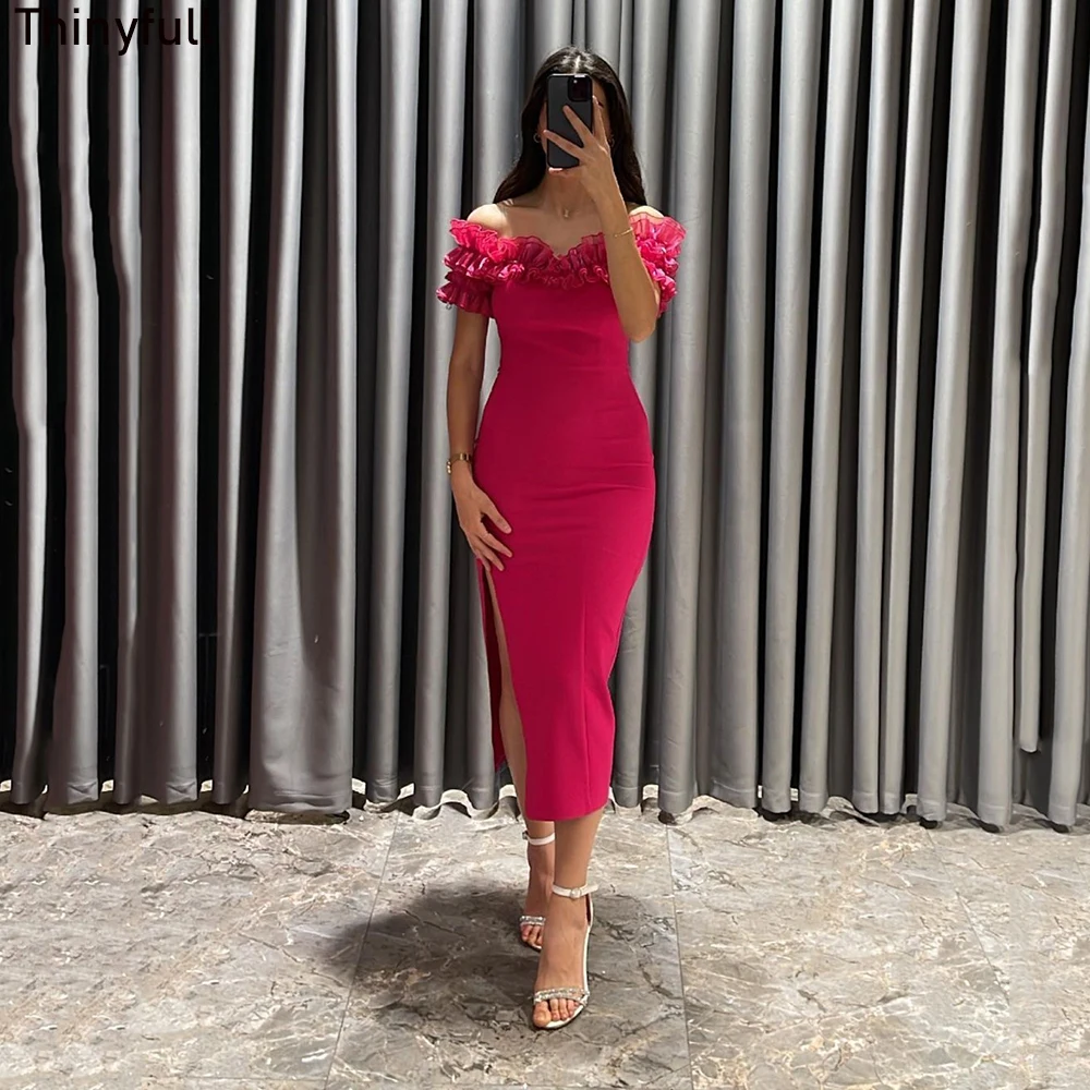 

Thinyfull Elegant Mermaid Prom Dress Strapless Off Shoulder Evening Party Dresses Tea-Length Satin Side Spilt Formal Gown 2023