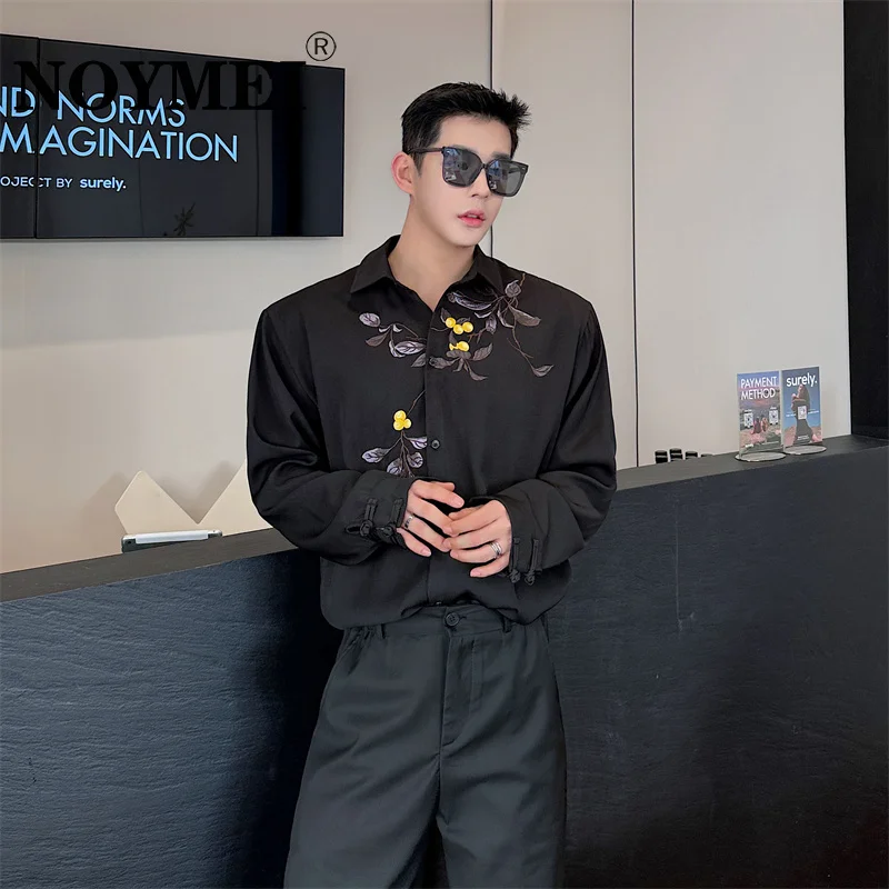 

NOYMEI 2024 Spring Shirt Men's New Chinese Style Embroidered Knot Button Top Temperament Black Fashionable All-match WA3643