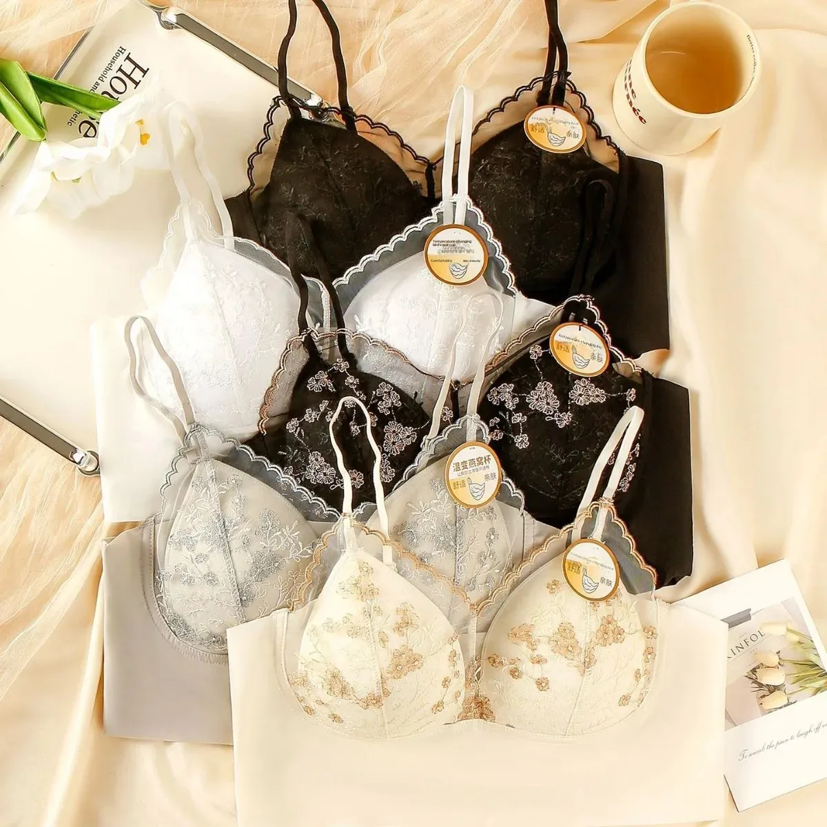 New Thin Sensation High Luxury Comfortable French Lace Underwear Autumn Winter Bra Temperature Changing Bird's Nest Cup