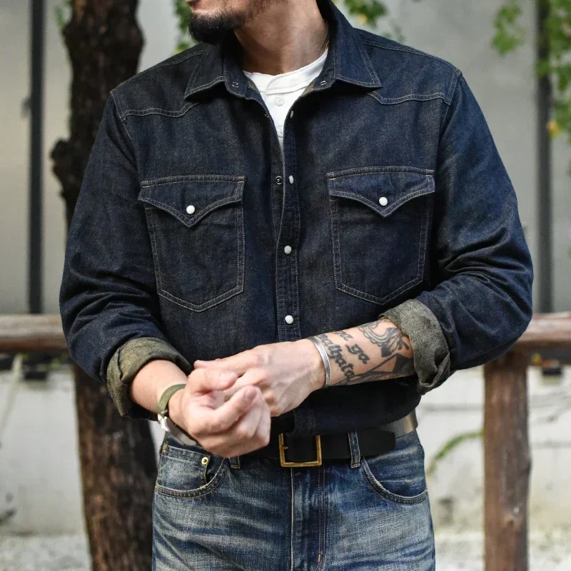 Sauce Zhan Mans Shirt Jeans Shirt Vintage Cotton and Linen Western Cowboy Long Sleeve Denim Double Pockets