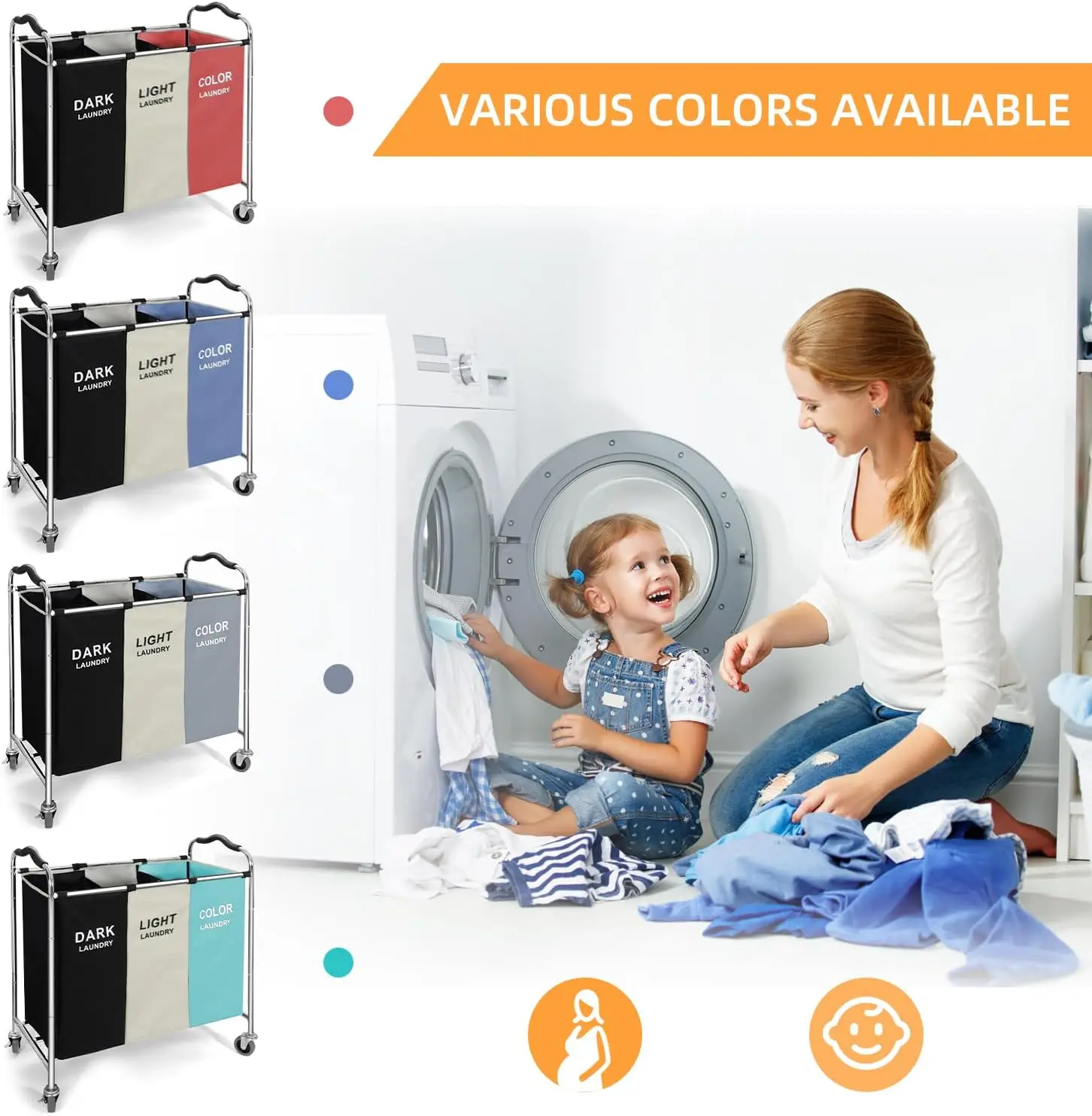 Laundry Basket with Wheels, 240L Laundry Hamper with 3 Clothes Hamper Bag for Dirty Clothes Toys Blanket in laundry room/living