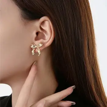 Gold Color Bow Aretes Stainless Steel Earrings Women Bow Knot Stud Nail Earrings Accessories Christmas Gift Fashion Cute Jewelry 2