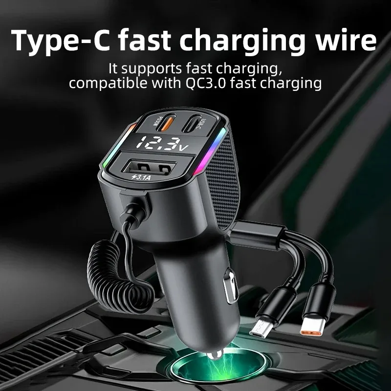 PD 30W Car Charger Cigarette Lighter Adapter USB Type-C with  Spring Wire Fast Charging Cable For iPhone Xiaomi Huawei Samsung