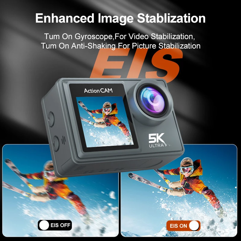 Caméra d'action 5K Ultra HD avec double écran et 64Go, fixée sur un vélo tout-terrain en action