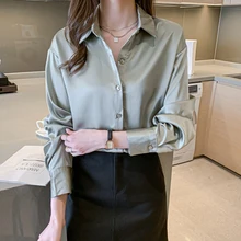 

Silk Women Shirts Blouses Satin Long Sleeve Blouse Office Lady Shirts 2022 Fashion Solid Elegant OL Button Down Shirt for Women