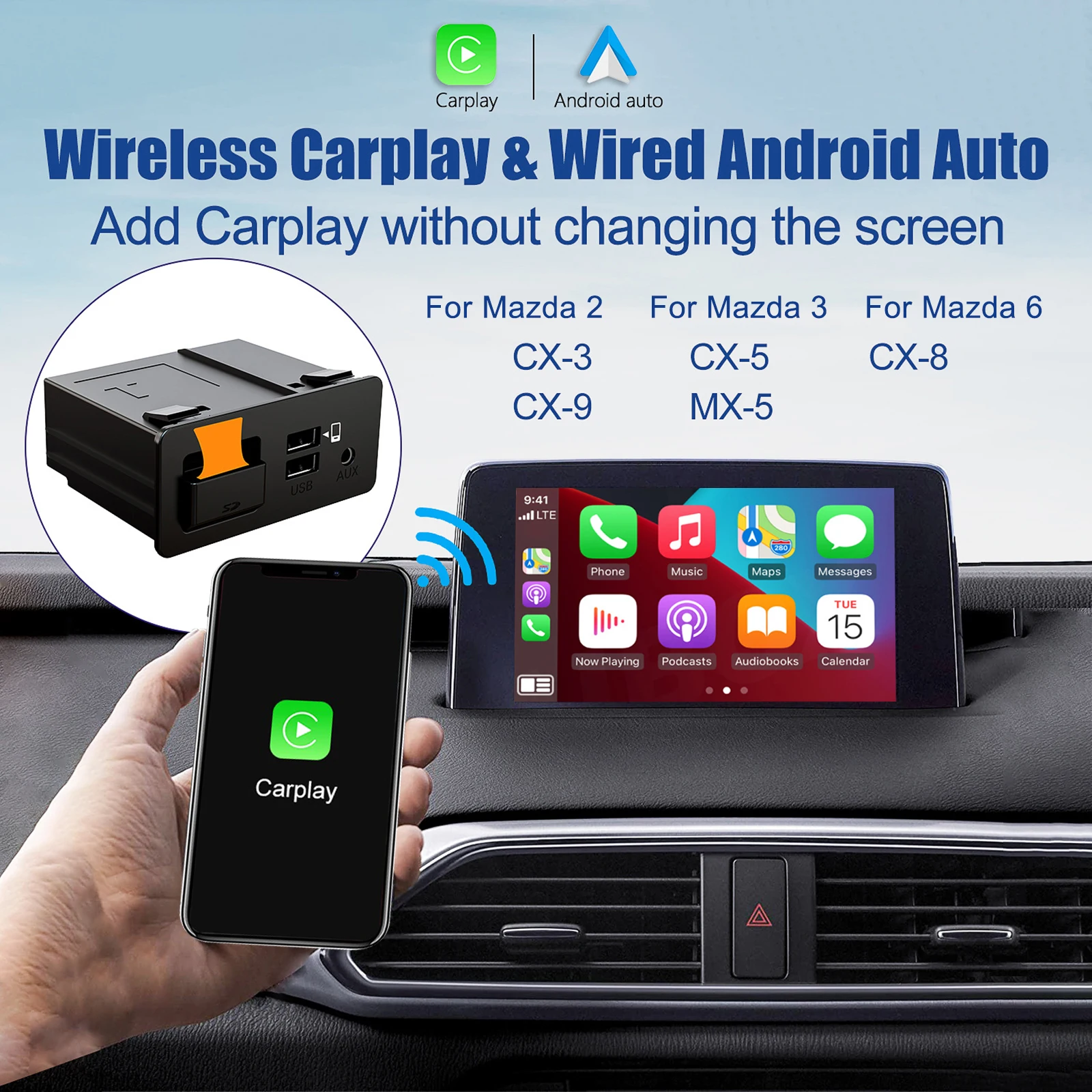 

Wireless CarPlay Wired Android Auto USB Adapter Hub for Retrofit OEM Mazda CX3 CX5 CX8 CX9 MX5 For Mazda 2 3 6