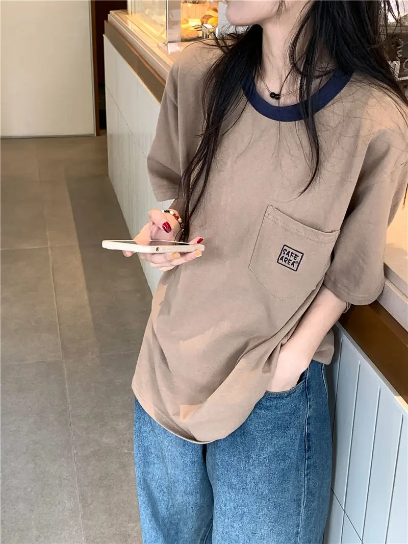 

New casual pocket T shirt contrasting round neck summer versatile thin short sleeved loose slimming top for women Harajuku y2k