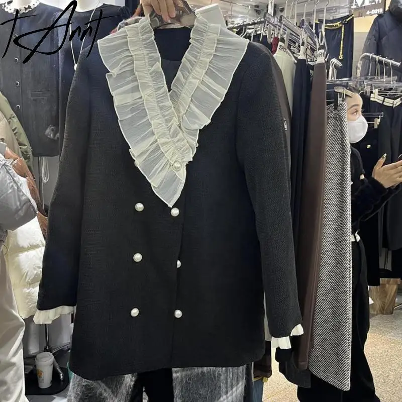 

Женское шерстяное пальто TNFS, двубортное черное пальто в стиле пэчворк с изображением съедобных деревьев, длинное пальто, 2023