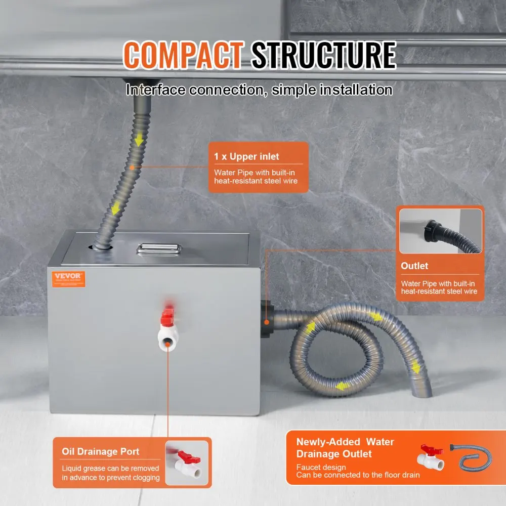 VEVOR Commercial Grease Trap Grease Interceptor Top Inlet Interceptor Under Sink Stainless Steel Grease Trap Waste Water Oil-wat 5