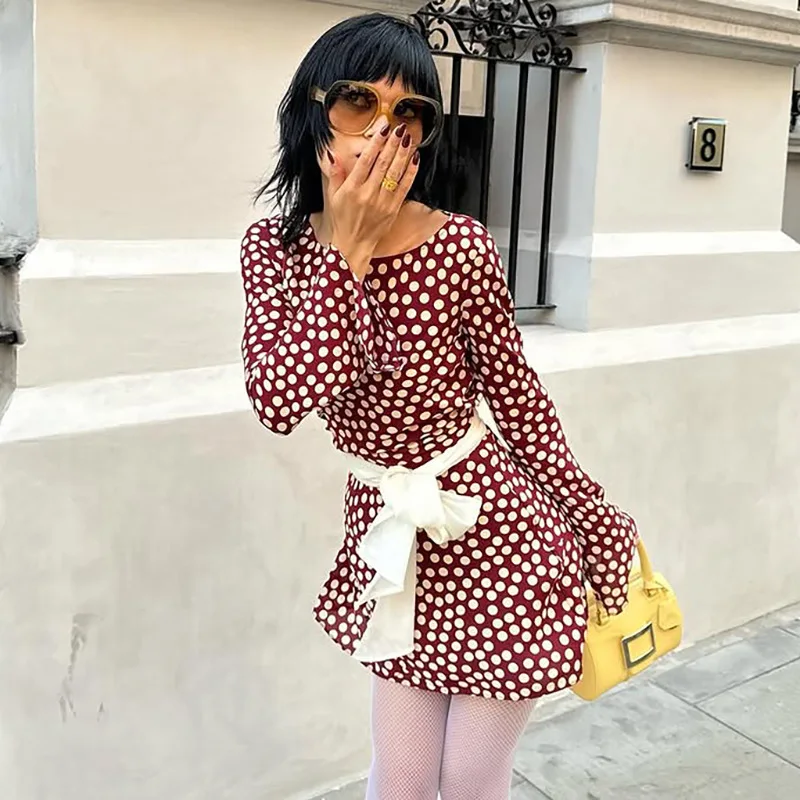 Y2K New Spring and Summer Fashion Polka Dot Printing Women's Round Neck Long-sleeved Dress Elegant Slim-fit Mini Dress for Women