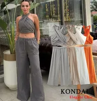 KONDALA Sexy Casual Crossover Camisole Top Set Women New 2025 Spring Summer Fasion Holiday Beach Pant Set Halter Top with Pant