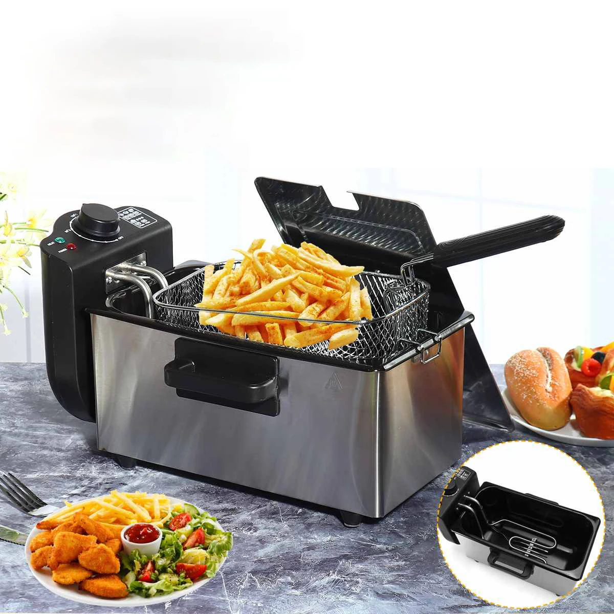 new-electric-fryer-household-3l-multiple-functions-small-automatic-constant-temperature-2000w-high-power-stainless-steel-fryer