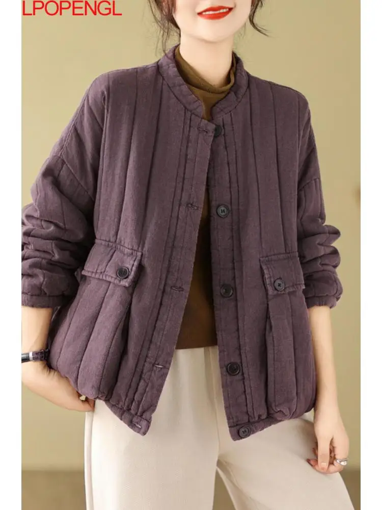 

New Women's Winter Cotton Thick Keep Warm Streetwear Coat Loose Literary Vintage Patchwork Long Sleeves Single Breasted Jacket