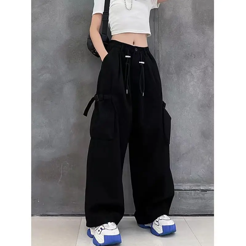 100% Cotton Bandage Patchwork Button High Waist Wide Leg Trousers Spring Autumn Korean Solid Pockets Womens Sweatpants Trend