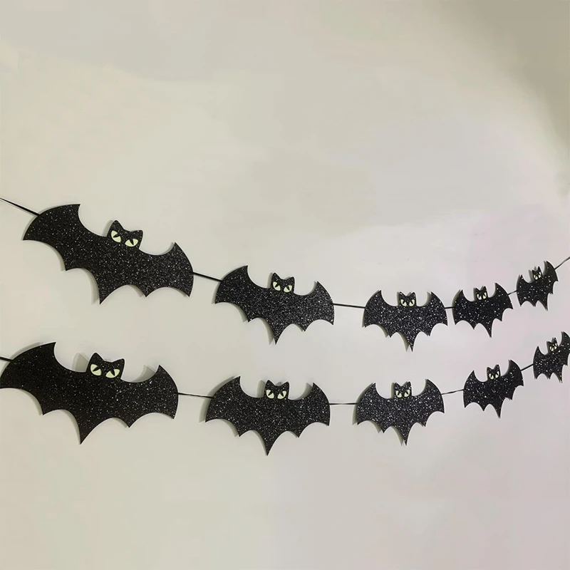 Halloween Luminous Glowing Eyes Bat Paper Banner Hanging Garland Flag For Halloween Kids Birthday Party Home Decoration Props